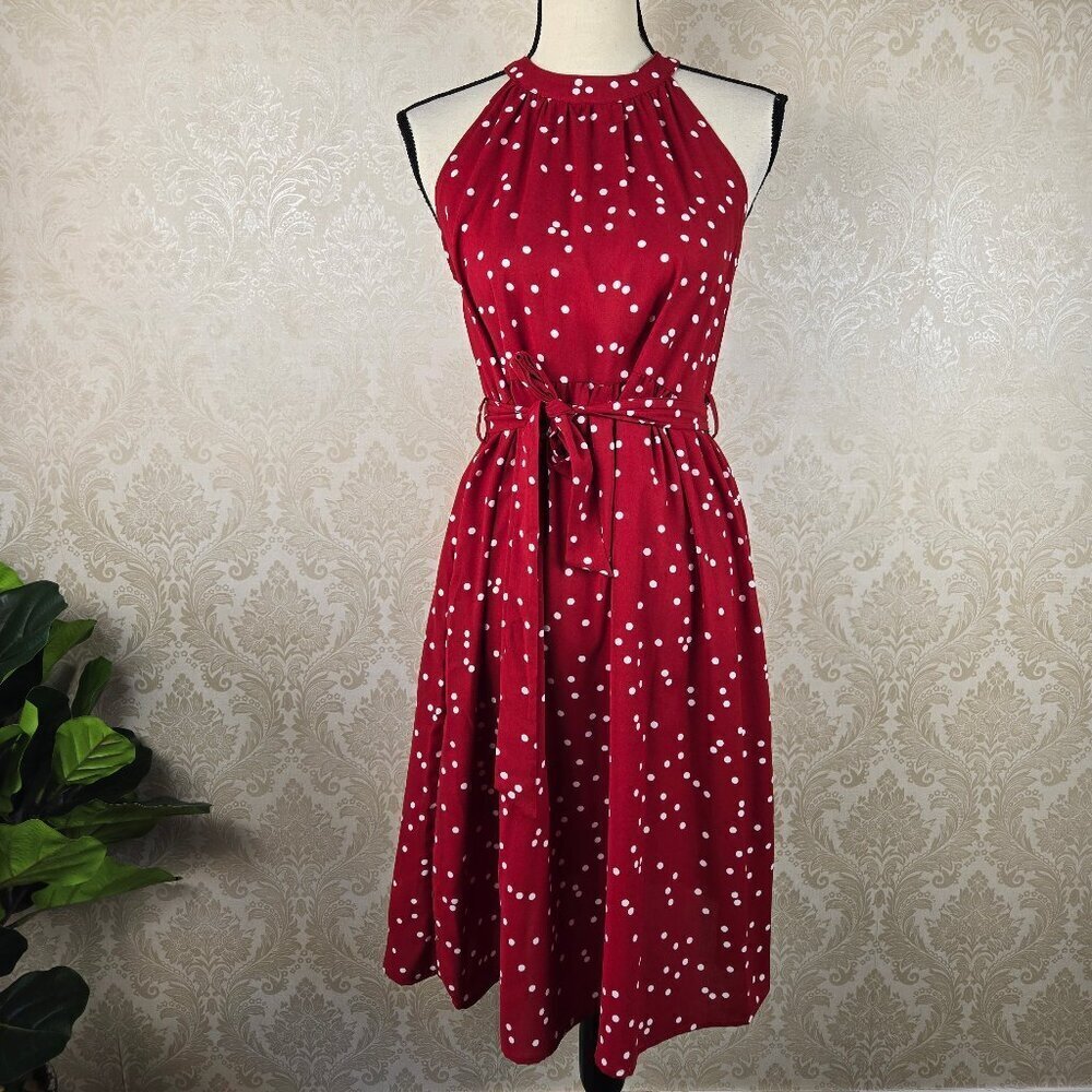 Red w/ White Polka Dot A-Line Dress Round Halter Neck Sleeveless Self Tie Belt